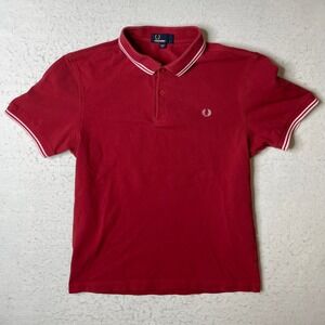 Fred Perry Men's Red Polo Shirt Twin Tipped Collar Ribbed Cuffs Size L